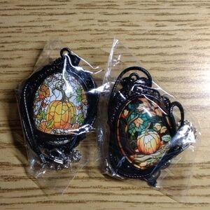 NWOT 2PC Fall Pumpkin Pendant Necklaces 1 Stained Glass & Pumpkin Patch